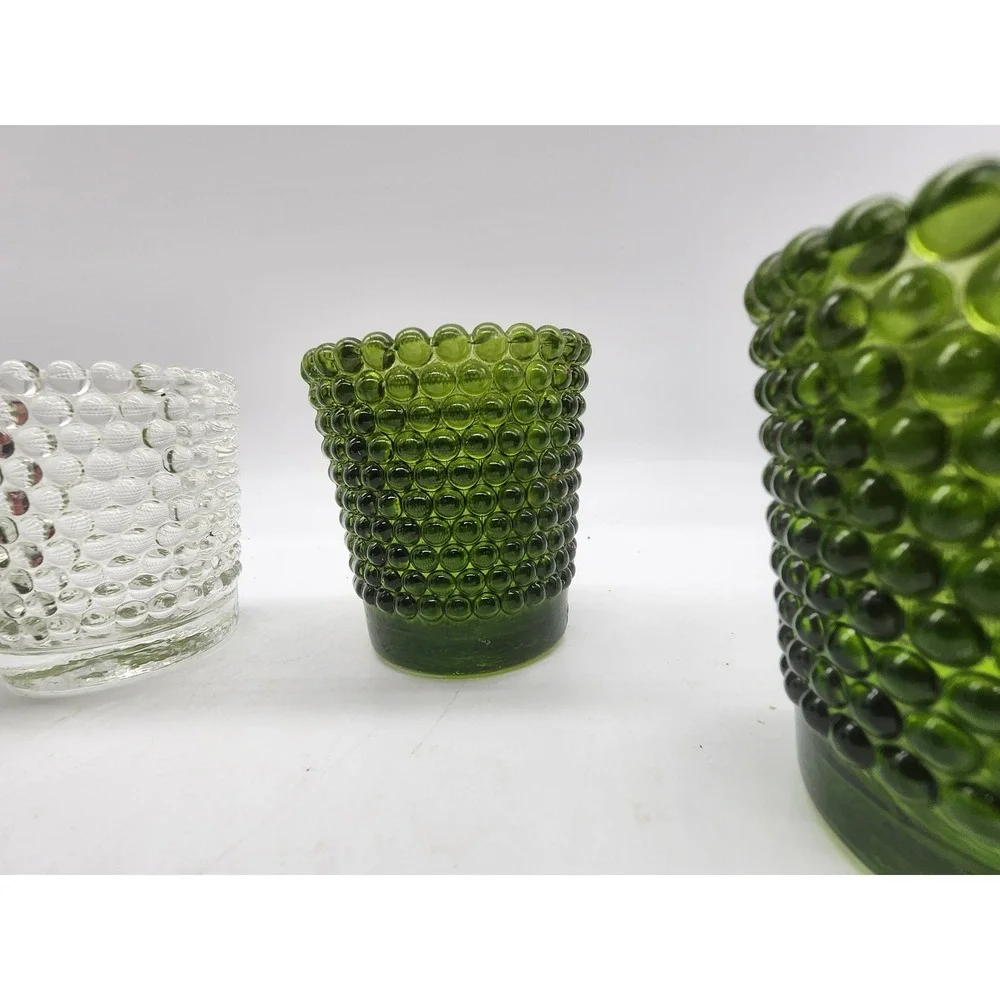Vintage Hobnail Glass Votive Candle Holders Set of 4 Green and Clear Mid Century